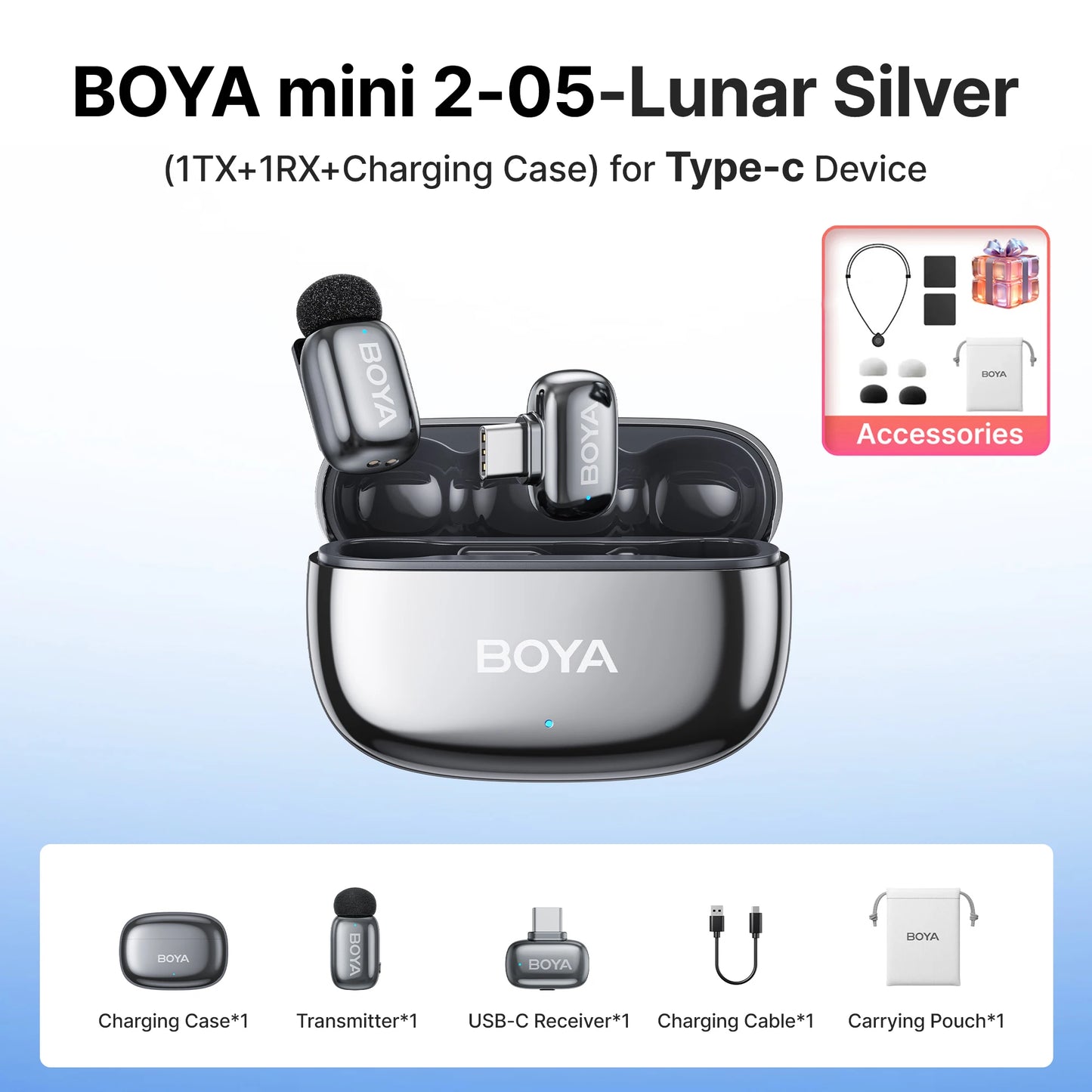 BOYA Mini 2 Wireless Lavalier Microphone – Mini Clip-On Mic with AI Noise Reduction for iPhone, Android & USB-C Video Recording
