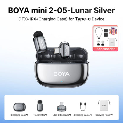 BOYA Mini 2 Wireless Lavalier Microphone – Mini Clip-On Mic with AI Noise Reduction for iPhone, Android & USB-C Video Recording