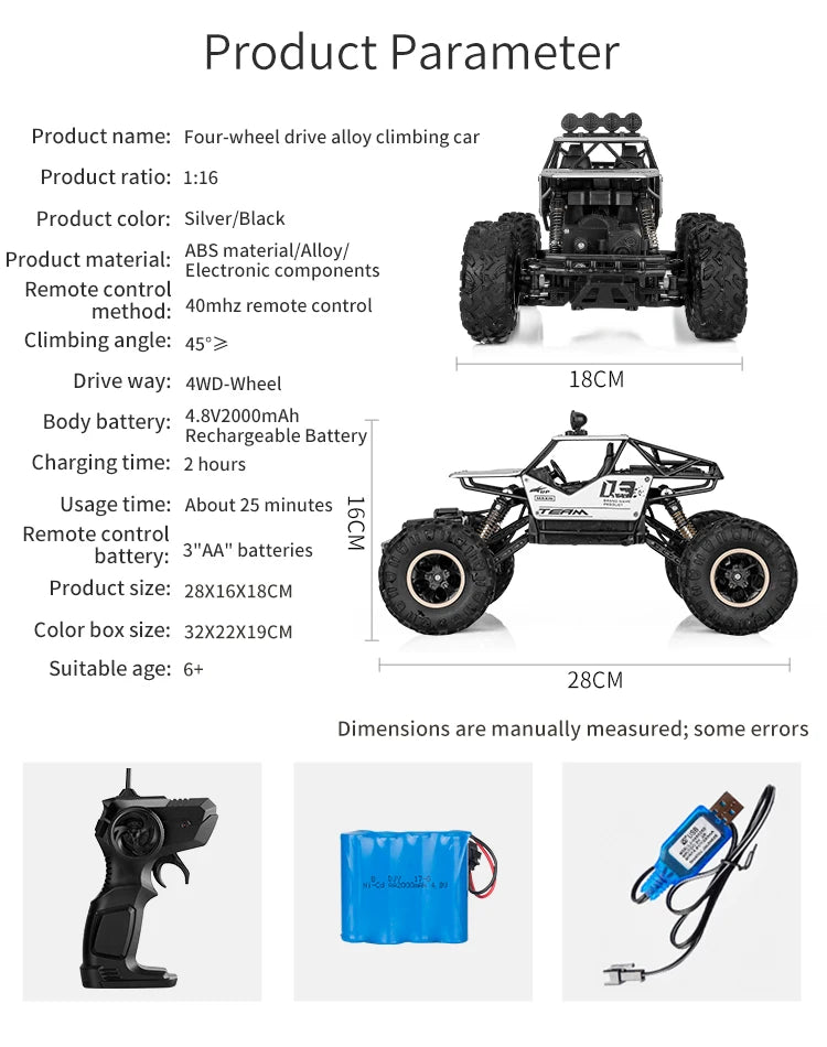 Oike Coche teledirigido 4x4 todoterreno 4WD RC Rock Crawler, coche RC de carreras y drifting todoterreno para niños y adultos
