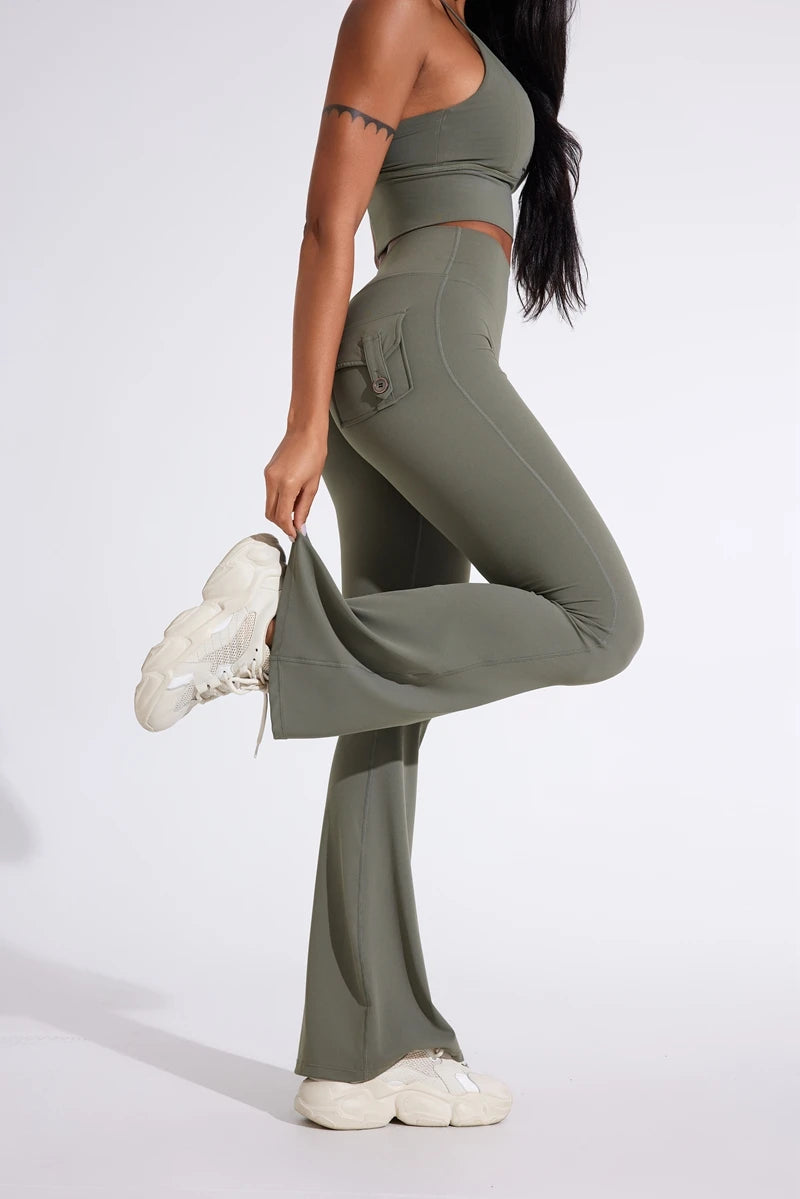 DIAS FIT JOY Pantalon de yoga évasé taille haute pour femme – Legging patte d'éléphant push-up avec poches, pantalon d'entraînement à séchage rapide pour la course, la gym, le fitness et l'exercice