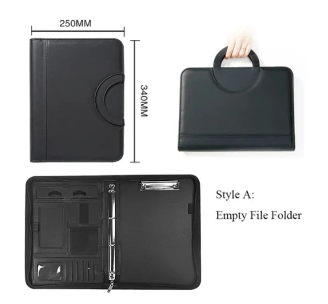 A4 PU Leather Zipper Portfolio Folder – Portable Conference File Organizer with Calculator Holder, Tablet Compartment & Handle