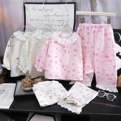 Conjunto de pijama de encaje floral para niñas – Traje de dormir de princesa de manga larga holgado con pantalones para niños