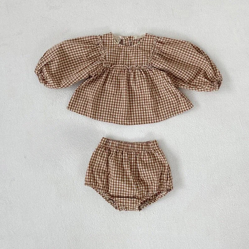 100% Cotton Baby Girl Plaid Blouse & Shorts Set Toddler 2-Piece Summer Outfit