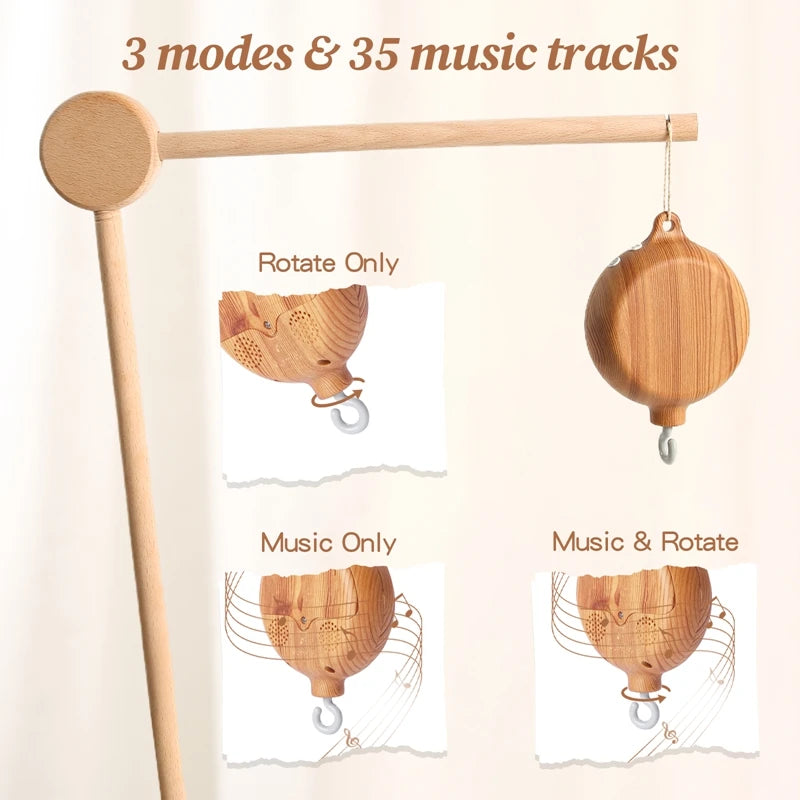 Móvil Musical para Cuna de Bebé Recién Nacido – Caja de Música con Sonajero Colgante Giratorio de Estilo Madera, Juguete Musical Relajante para Bebés de 0 a 12 Meses, Decoración para Cuna de Guardería y Regalo para Baby Shower