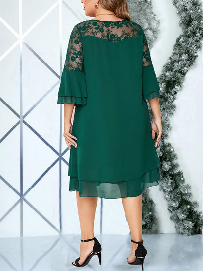 GIBSIE Plus Size Women's Chiffon Midi Dress – Elegant Embroidered Mesh Patchwork O-Neck Flared Sleeve Layered Dress