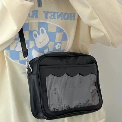 Bolso japonés Harajuku Ita – Bolso bandolera de piel sintética con bolsillo transparente para mujeres y estudiantes de secundaria, bolso de estilo uniforme JK, bolso de almacenamiento de moda Kawaii para coleccionistas y uso diario