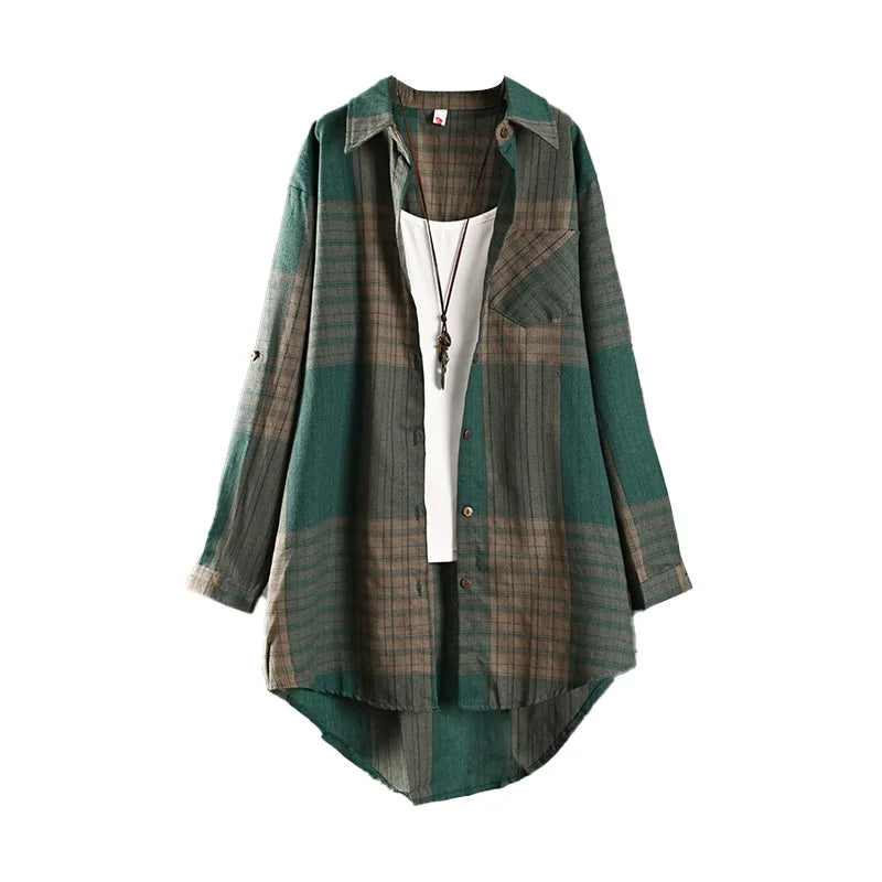 Women's Plaid Linen Shirt – Loose Retro Short-Front Long-Back Cardigan Cover-Up for Spring & Autumn