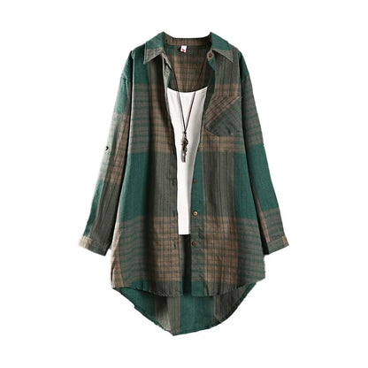 Women's Plaid Linen Shirt – Loose Retro Short-Front Long-Back Cardigan Cover-Up for Spring & Autumn