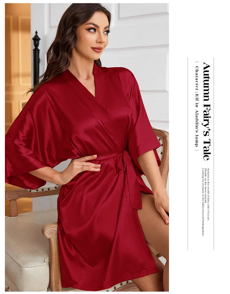 Women’s Summer Ice Silk Robe – Sexy Lace-Up Bathrobe Morning Gown Home Dress Loungewear