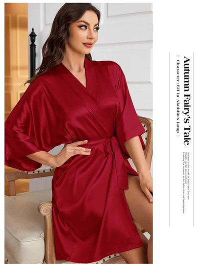 Women’s Summer Ice Silk Robe – Sexy Lace-Up Bathrobe Morning Gown Home Dress Loungewear