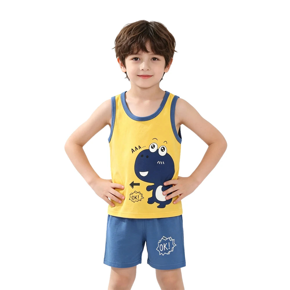 Kids 100% Cotton Pajama Set Sleeveless Tank Top & Shorts Summer Sleepwear for Boys & Girls