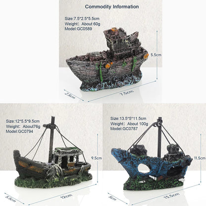Retro Resin Ship Aquarium Ornament – Hollow Boat Fish Hiding Cave, Non-Toxic Fish Tank Decoration for Aquascaping & Underwater Landscaping