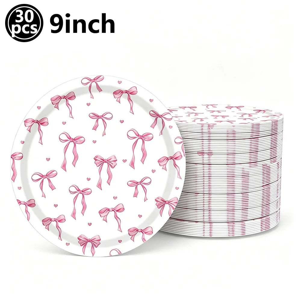 Kit de Fête d'Anniversaire Rose – Thème Princesse Bannière, Ballons Nœud, Pailles, Assiettes en Papier Jetables, Serviettes et Gobelets Vaisselle Décorations pour Fêtes d'Anniversaire de Filles