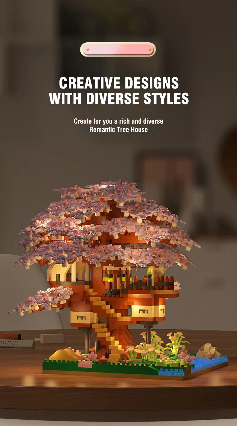 DIY Sakura Tree Building Blocks Set – Cherry Blossom Treehouse Model with LED Lights Romantic Gift Decor