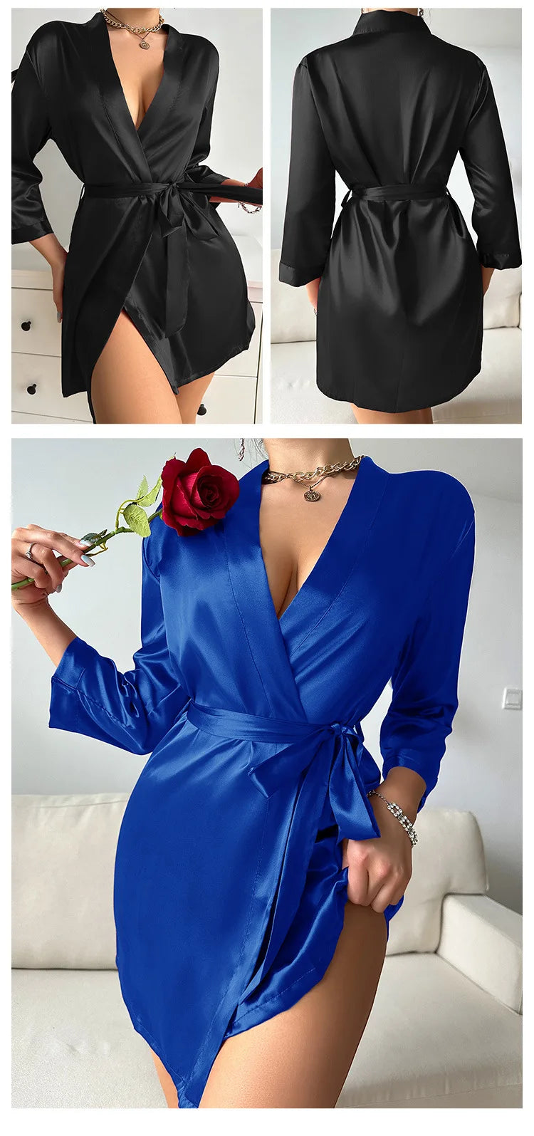 Women’s Summer Ice Silk Robe – Sexy Lace-Up Bathrobe Morning Gown Home Dress Loungewear