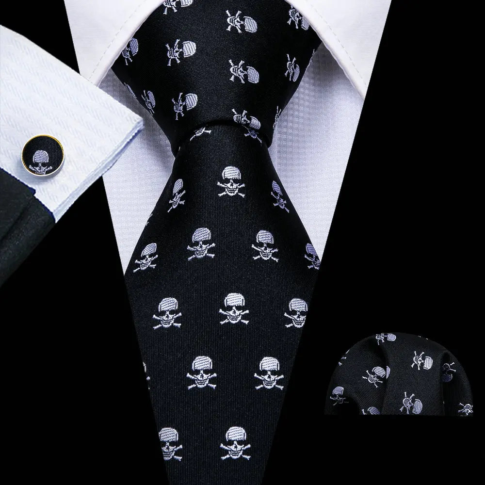 Set de corbata negra para hombre con pañuelo de bolsillo y gemelos. Corbata tejida para ocasiones formales de negocios o bodas.