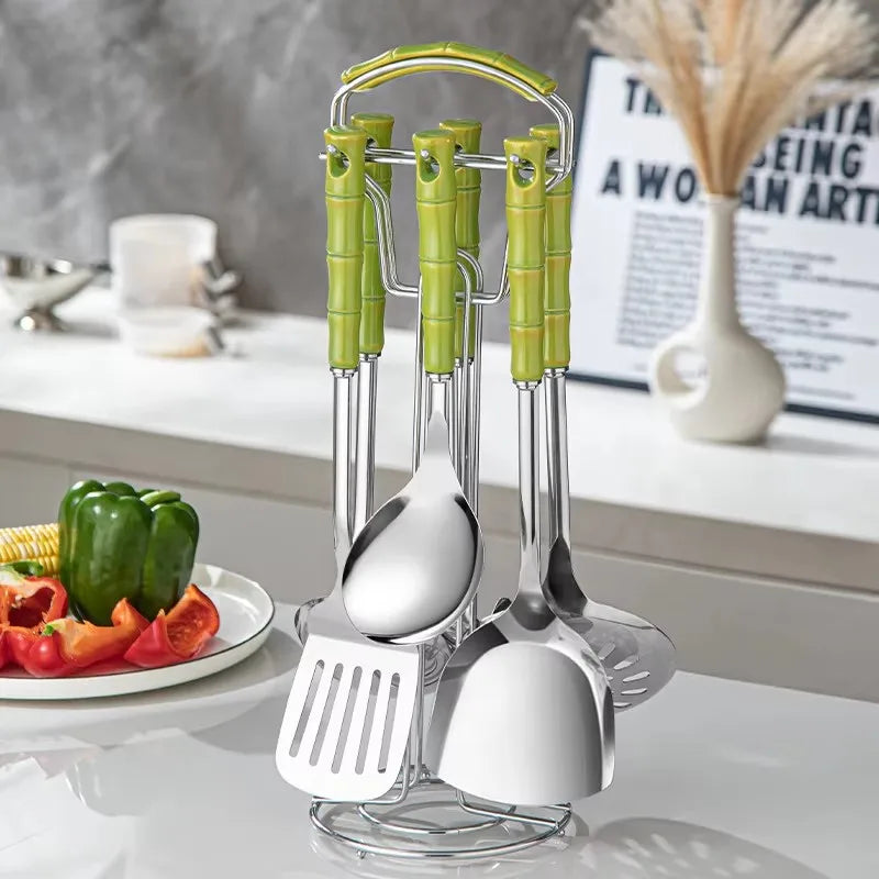 7PCS Stainless Steel Kitchen Utensil Set – Cooking Spatula & Soup Spoon with Ceramic Handles, Nordic Style Kitchenware