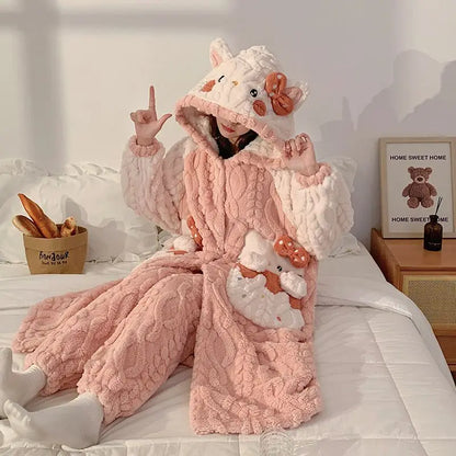 Sanrio Hello Kitty Girls' Velvet Pajama Set – Cute Cartoon Long Bathrobe & Nightgown, Soft Cozy Home Sleepwear for Kids