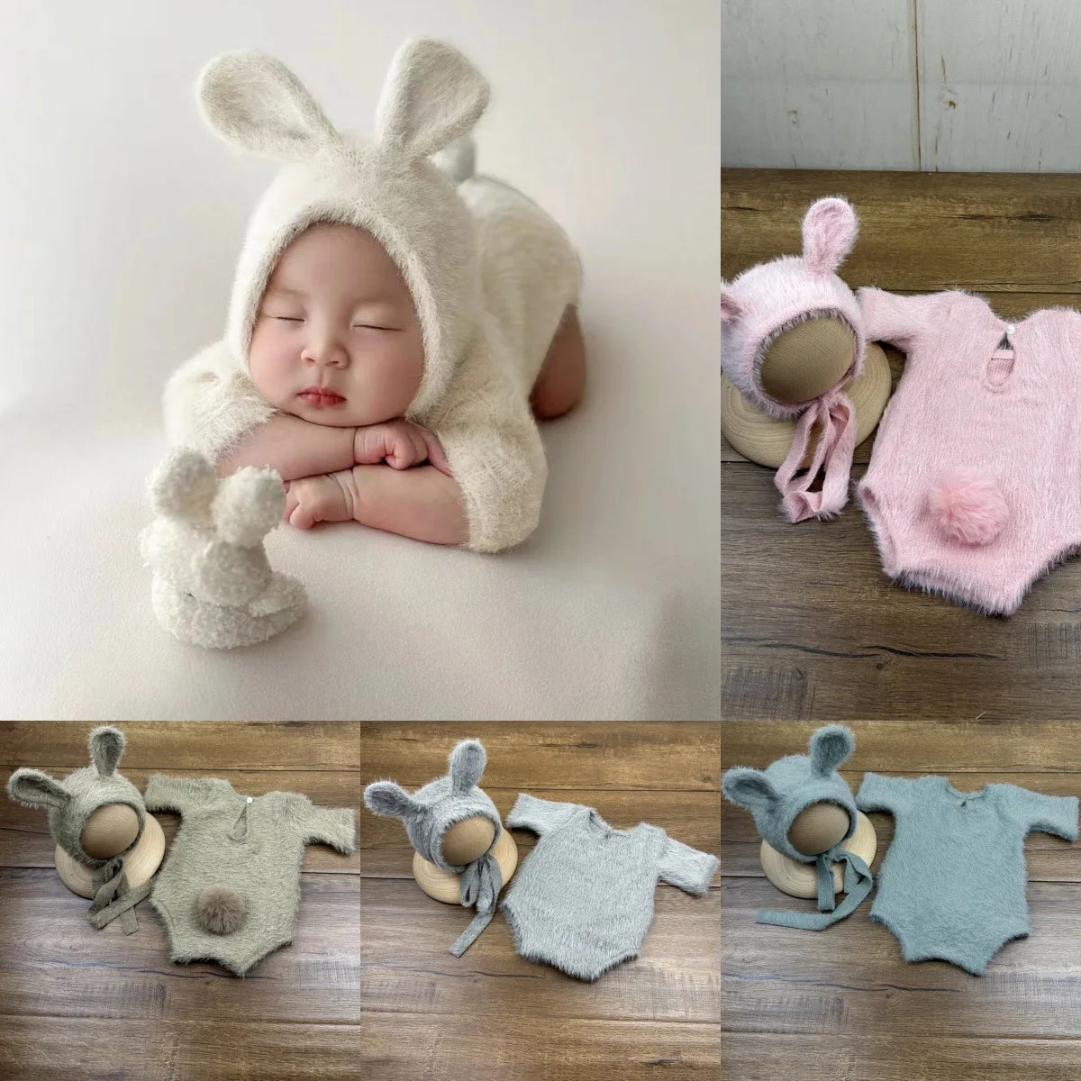 Newborn Photography Props Set – Knitted Rabbit Doll Outfit with Baby Cosplay Glasses, Cute Infant Photoshoot Accessories & Photo Studio Decor