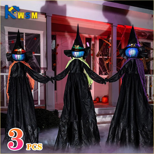 3PCS Halloween Glow Witches Decorations – Colorful Light-Up Hand-Holding Witch Props with Sound-Activated Lighting for Halloween Parties
