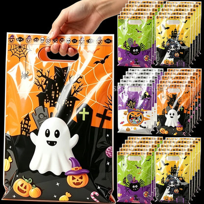 10-100PCS Halloween Candy Bags for Kids, PVC Trick or Treat Snack and Cookie Handbags, Ghost and Spider Print Gift Pouches, Halloween Party Favors and Goodie Bag Storage