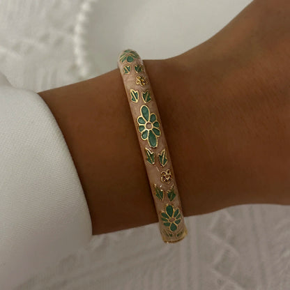Elegante pulsera de esmalte de flores con circonitas – Pulsera retro chapada en oro con ojo turco floral para mujer | Joyería de moda para fiesta