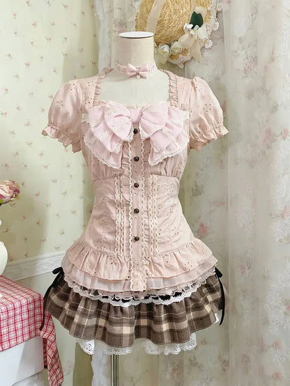 Conjunto de 3 Piezas Y2K años 90 Kawaii para Mujer – Top Corto con Tirantes, Minifalda y Encaje, Estilo Harajuku Japonés Delgado de Verano