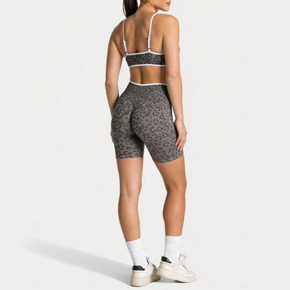 Women's Leopard Print 2-Piece Yoga Set – High-Waist Biker Shorts & Adjustable-Strap Sports Bra for Gym, Workout, Yoga & Activewear