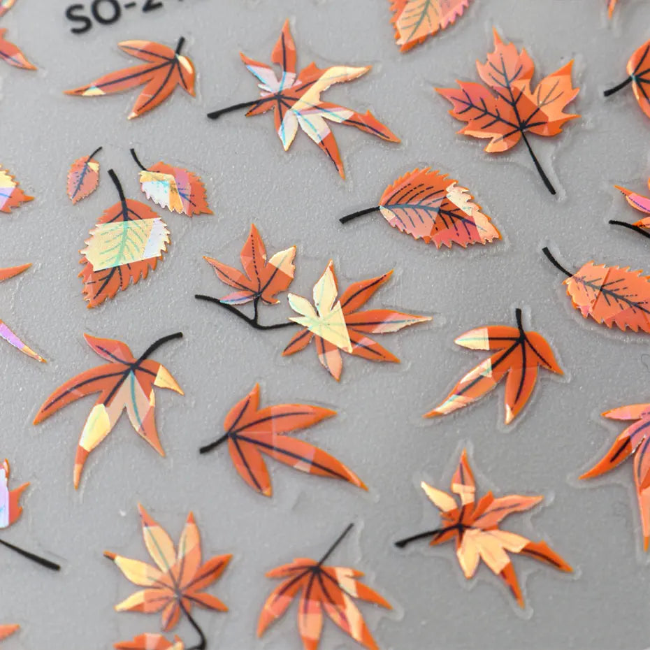 2pcs 3D Autumn Nail Stickers – Laser Maple Leaf Nail Art Decals for Fall Manicure Decoration