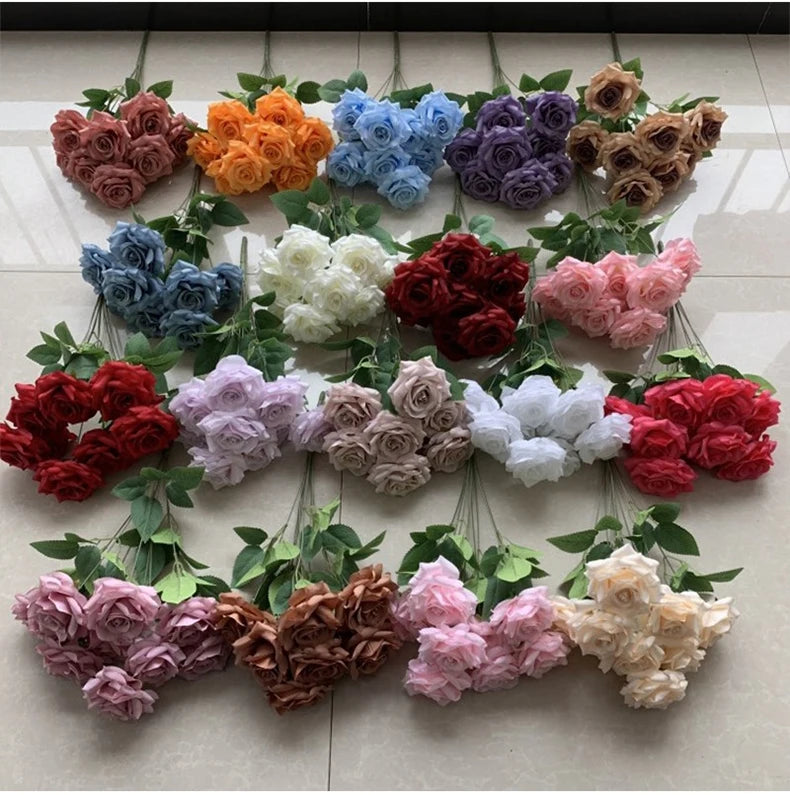Ramo de rosas de diamantes de 9 cabezas – Rosas artificiales sintéticas con detalles de diamantes brillantes, arreglo floral realista para boda, decoración del hogar, sala de estar y regalo