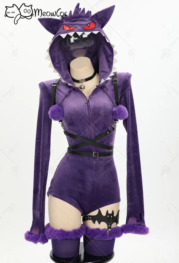 Meowcos Genga Cosplay Costume – Purple Ghost Romper Bodysuit | Hooded Plush Outfit with Belt, Tail & Socks (Halloween / Women)