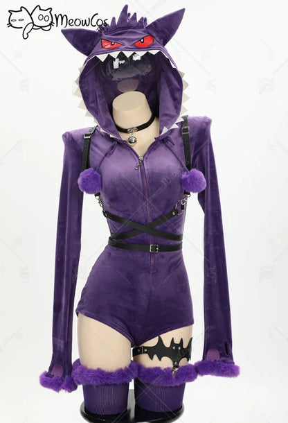 Meowcos Genga Cosplay Costume – Purple Ghost Romper Bodysuit | Hooded Plush Outfit with Belt, Tail & Socks (Halloween / Women)