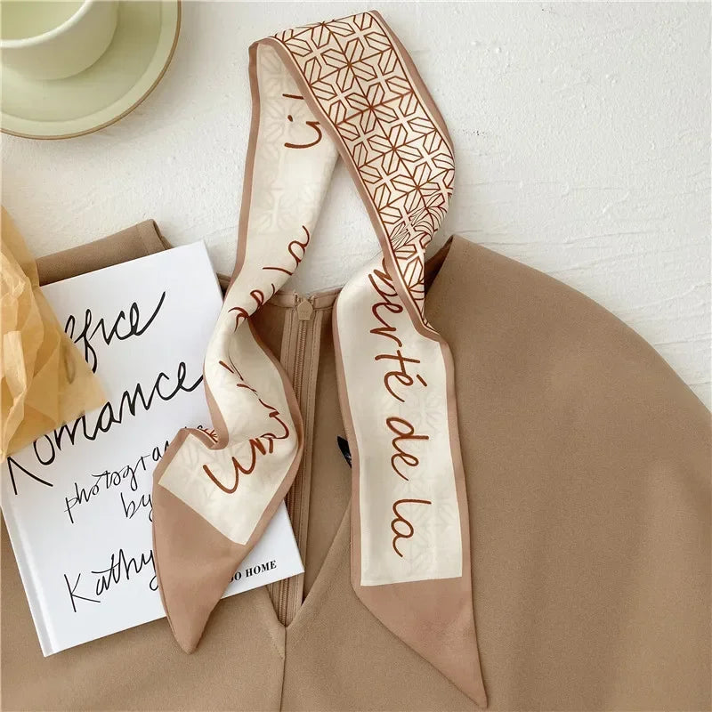 Khaki Nude Silk Scarf Hair Band – Vintage Satin Ribbon Bow Hair Accessory for Women | Elegant Fashion Hair Tie