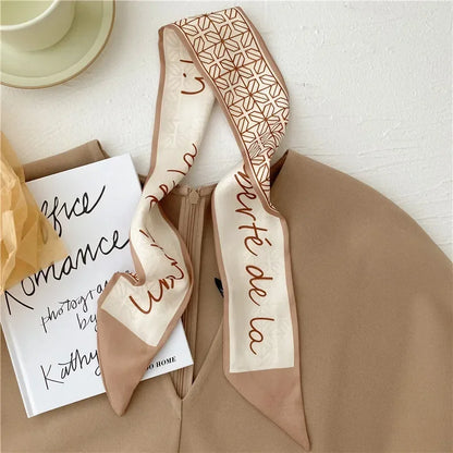 Khaki Nude Silk Scarf Hair Band – Vintage Satin Ribbon Bow Hair Accessory for Women | Elegant Fashion Hair Tie