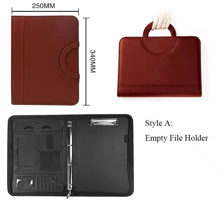 A4 PU Leather Zipper Portfolio Folder – Portable Conference File Organizer with Calculator Holder, Tablet Compartment & Handle