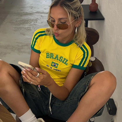 Camiseta corta de verano para mujer 2023 con letras de Brasil, estilo años 90, estética, Kpop, moda urbana, vintage Y2k, manga corta