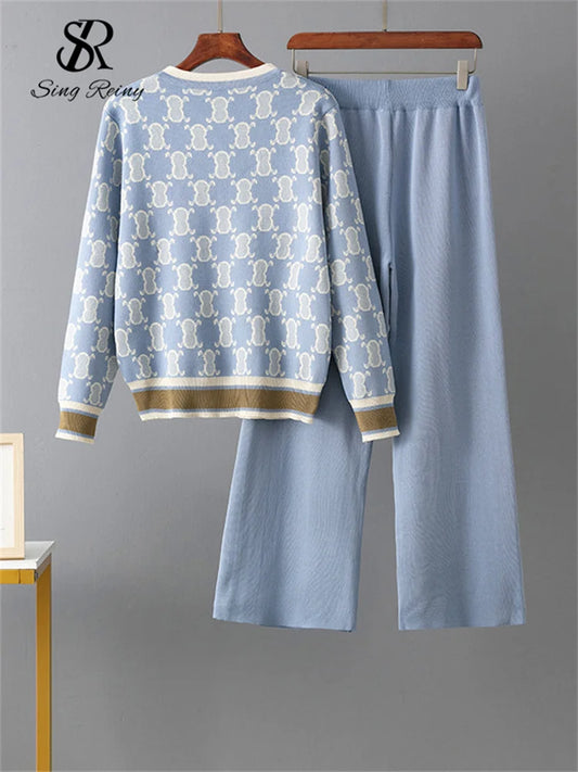 SINGREINY Conjunto de dos piezas de punto para mujer con cuello en V, top estampado de manga larga y pantalones de cintura elástica