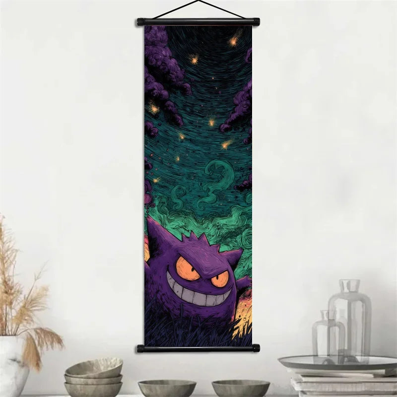 Pokémon Gengar, Squirtle y Mimikyu Noche Estrellada – Lienzo Decorativo Enrollable para Pared – Regalo para Decoración del Hogar