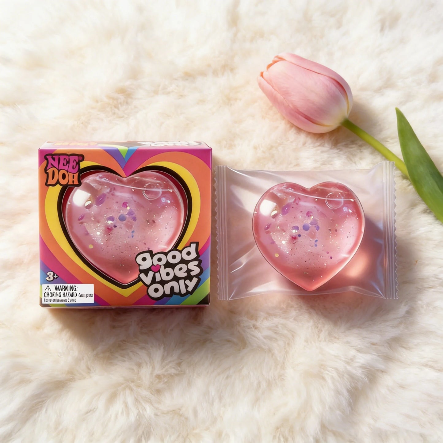 NeeDoh Heart Shaped Squeeze Toy – Glitter Filled Soft TPR Stress Relief Fidget Toy for Kids & Adults, Anxiety Relief Gift