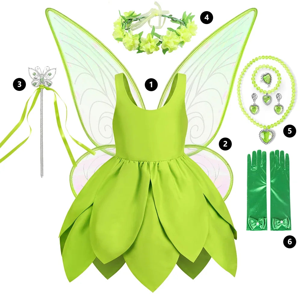 Girls Tinker Bell Costume – Green Fairy Princess Fancy Dress for Halloween, Birthday Parties & Cosplay, Ages 2–10Y