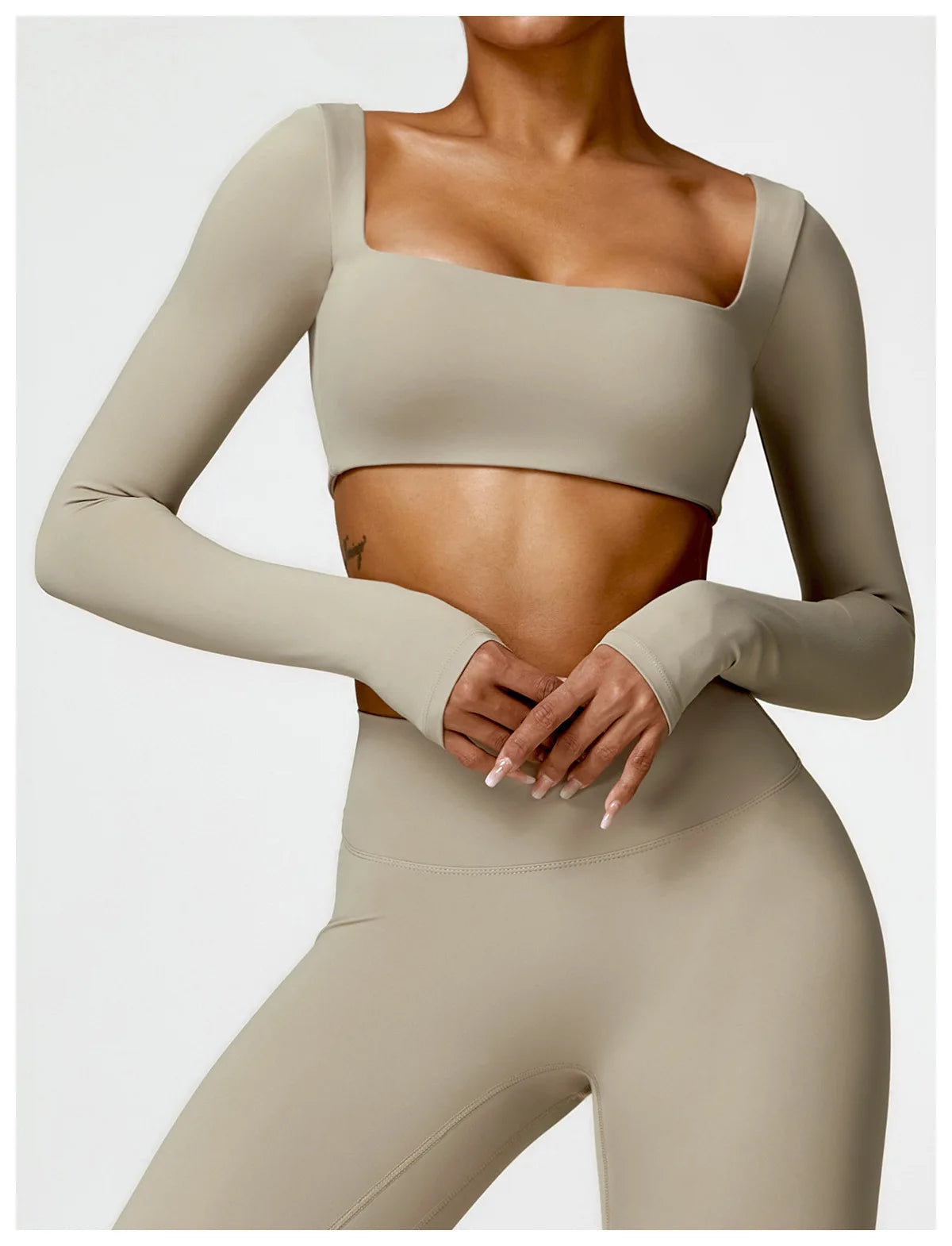 Women’s Square Neck Sports Crop Top – Long Sleeve Quick-Dry Gym Yoga Fitness Activewear