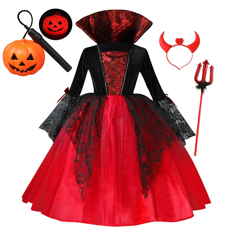 Girls’ Vampire Devil Cosplay Costume Set – Complete Halloween Party Outfit with Accessories, Holiday Dress-Up Costume & Gift