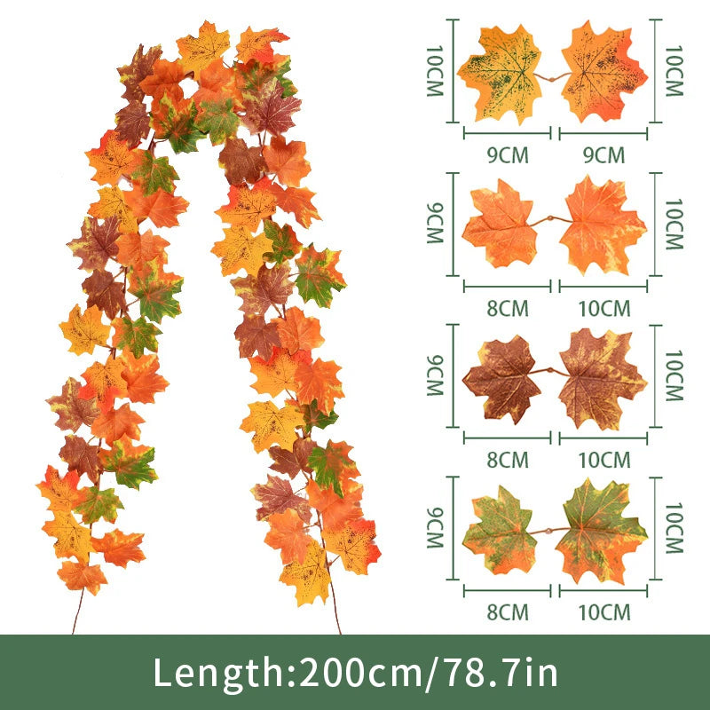 2M Artificial Maple Leaf Garland – Faux Fallen Leaves Autumn Rattan Decor for Thanksgiving, Halloween, Wedding, Christmas & Holiday Festivals