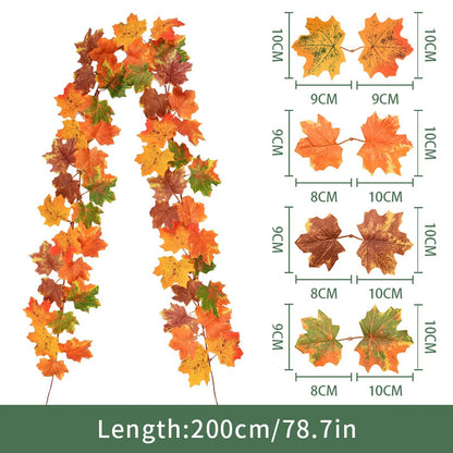 2M Artificial Maple Leaf Garland – Faux Fallen Leaves Autumn Rattan Decor for Thanksgiving, Halloween, Wedding, Christmas & Holiday Festivals