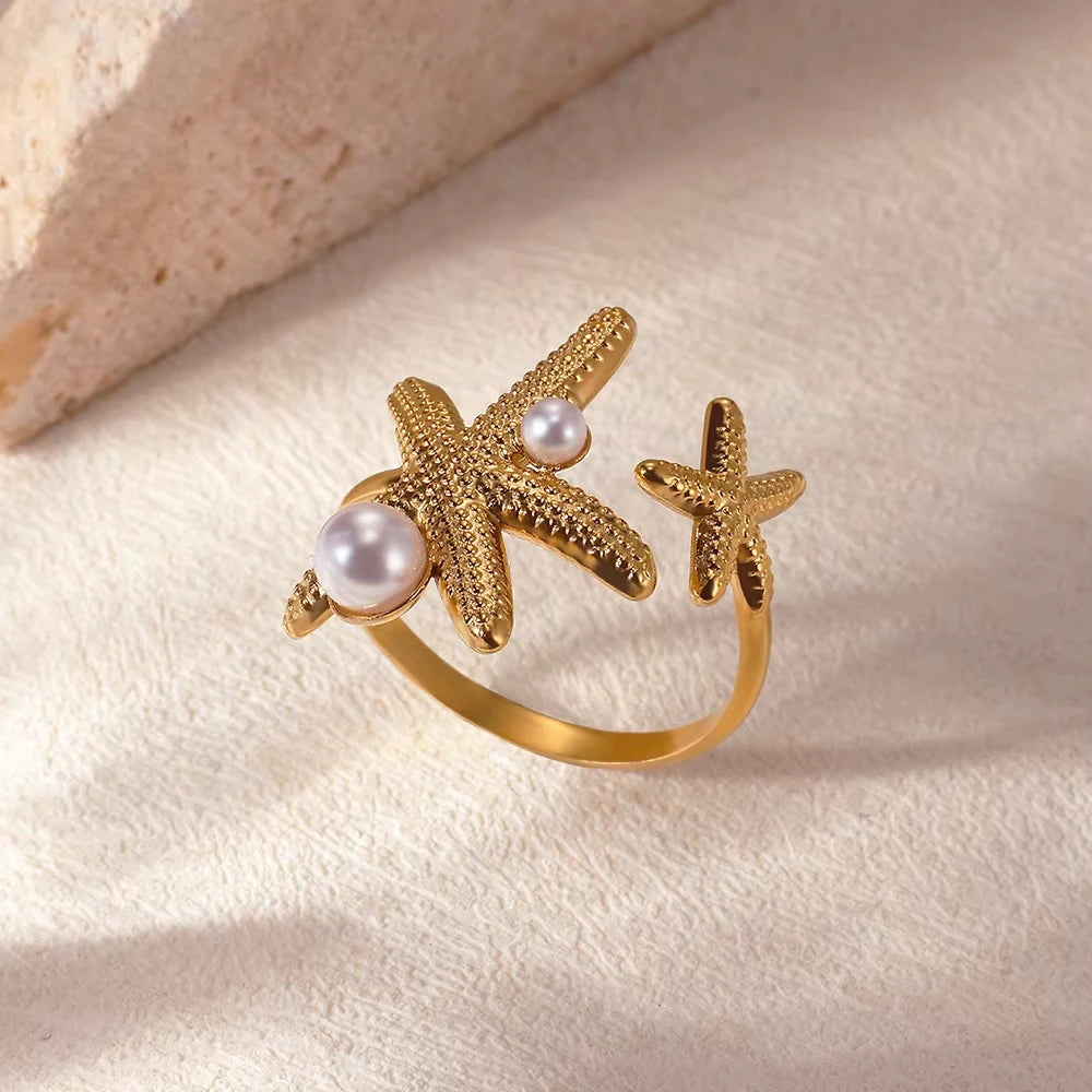 Gold Stainless Steel Starfish & Shell Ring – Adjustable Waterproof Beach-Inspired Ring for Women