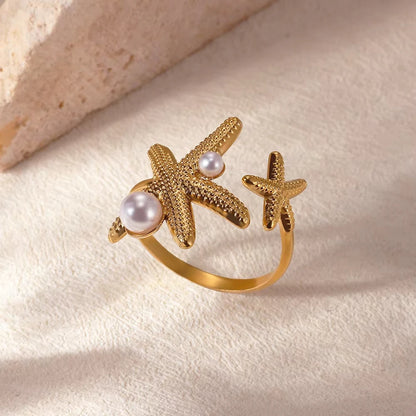 Gold Stainless Steel Starfish & Shell Ring – Adjustable Waterproof Beach-Inspired Ring for Women