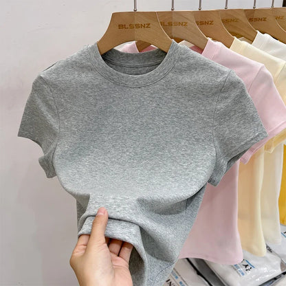 Zjaiss 2026 T-shirt col rond mode été sexy basique uni à manches courtes pour femme style coréen décontracté streetwear
