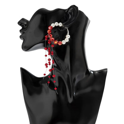 Gothic Red Crystal Pearl Tassel Earrings – Long Blood Drop Dangle Earrings for Women, Beaded Statement Jewelry for Halloween & Parties