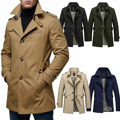 Men’s Mid-Length Trench Coat – Slim-Fit Business Casual Overcoat with Lapel Collar & Metal Buttons, Stylish Windbreaker for Commuting