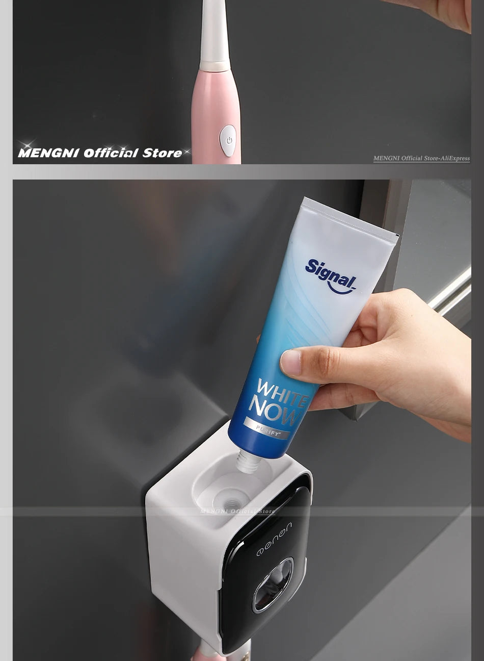 Dispensador de pasta de dientes MENGNI – Exprimidor de pasta dental montado en la pared para baño, soporte para cepillo de dientes sin taladros, organizador manual de bomba de pasta de dientes para almacenamiento y uso diario en el baño